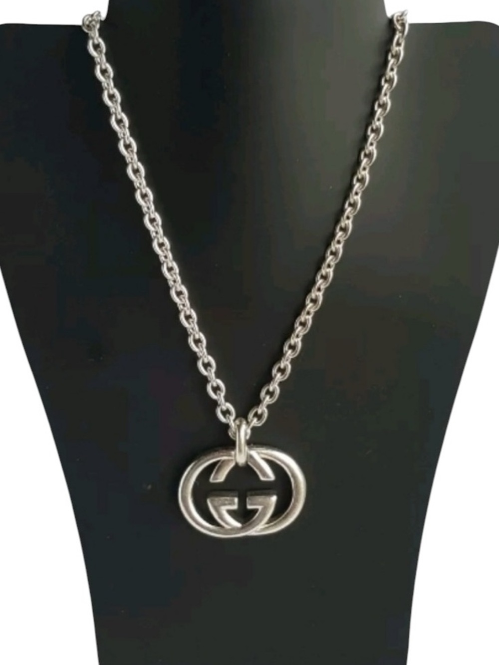 Vintage GUCCI Sterling Silver Britt Interlocking GG Pendant Chain Link Necklace